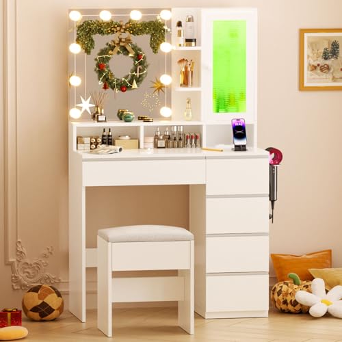 White Vanity Desk with Mirror and Lights, Stool, 5 Drawers and Open Shelves B459192