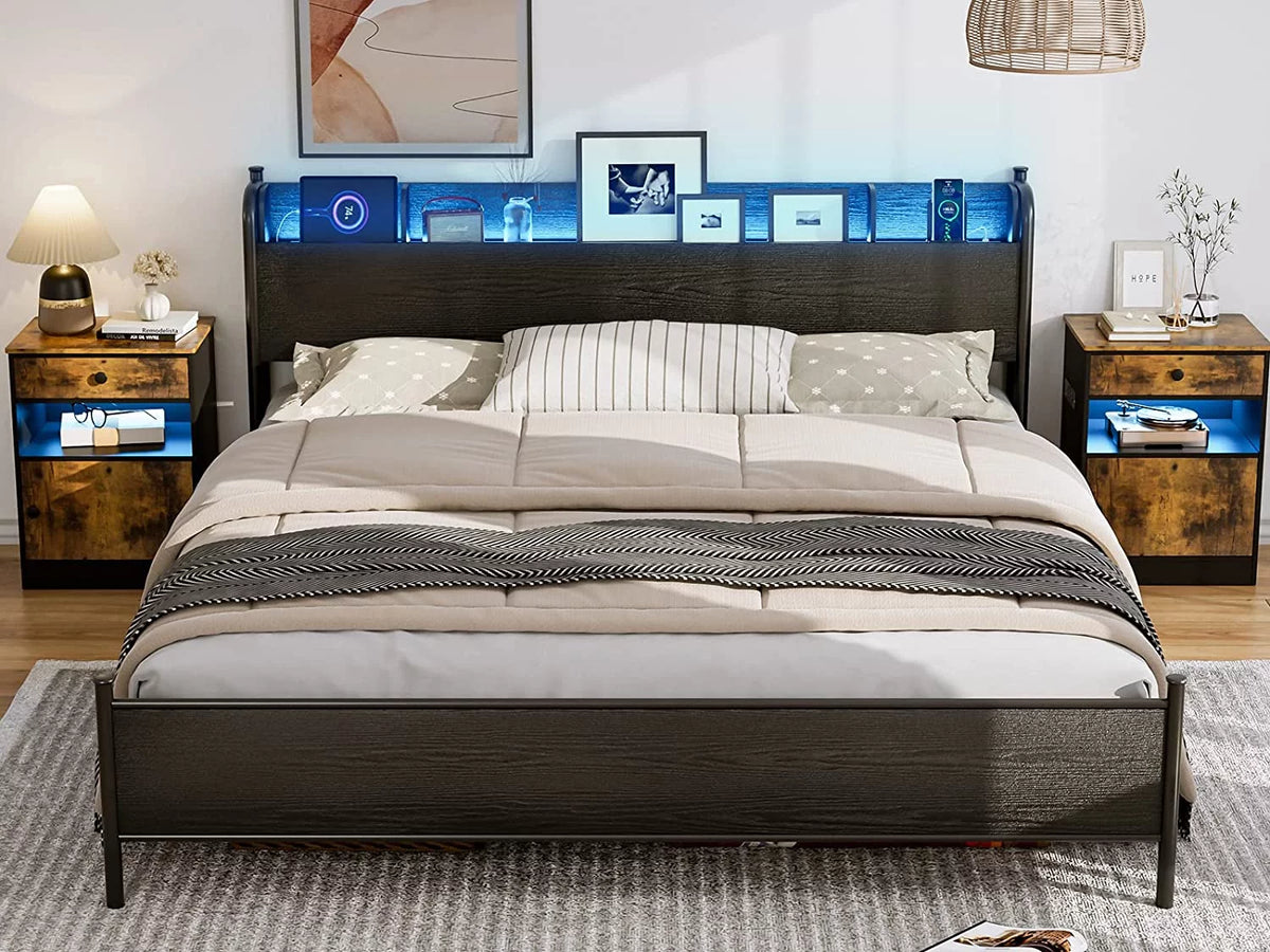 Black Twin XL LED Bed Frame with Storage Headboard and USB Ports T705251