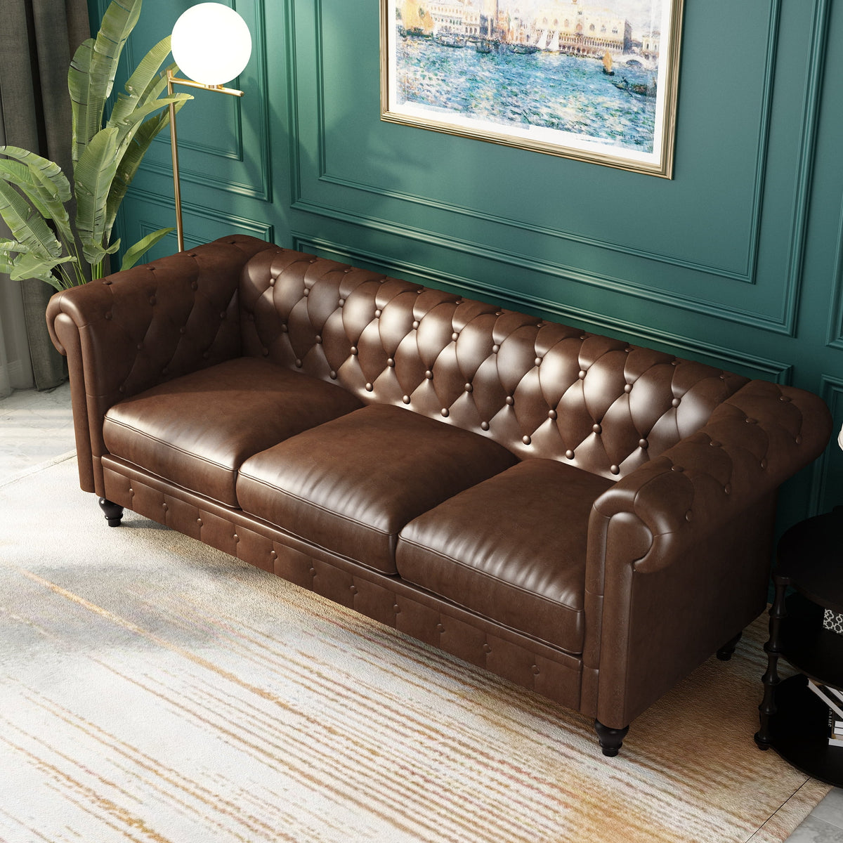 Button Tufted Faux Leather 3-Seater Sofa Z9247