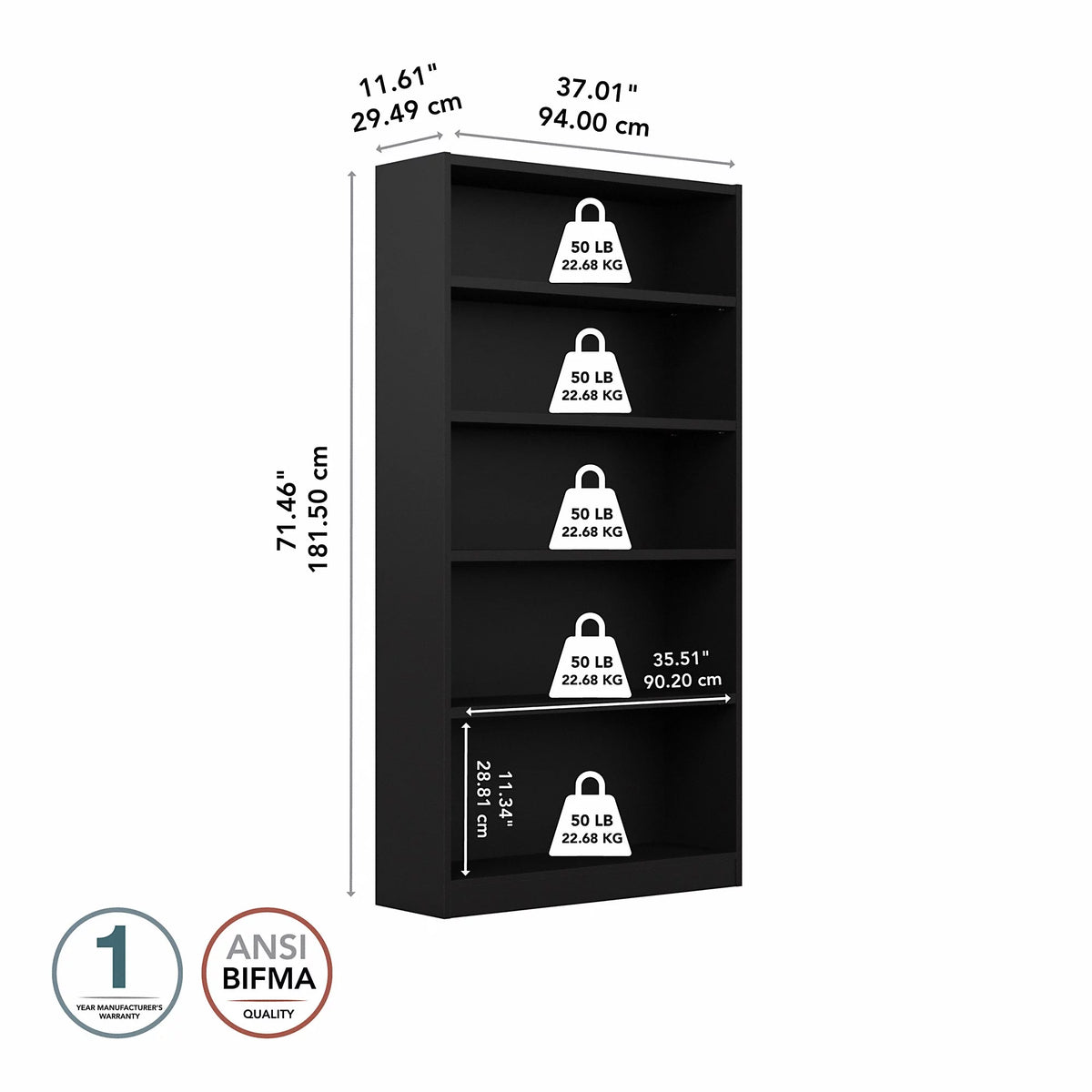 5 Shelf Classic Black Bookcase W385724