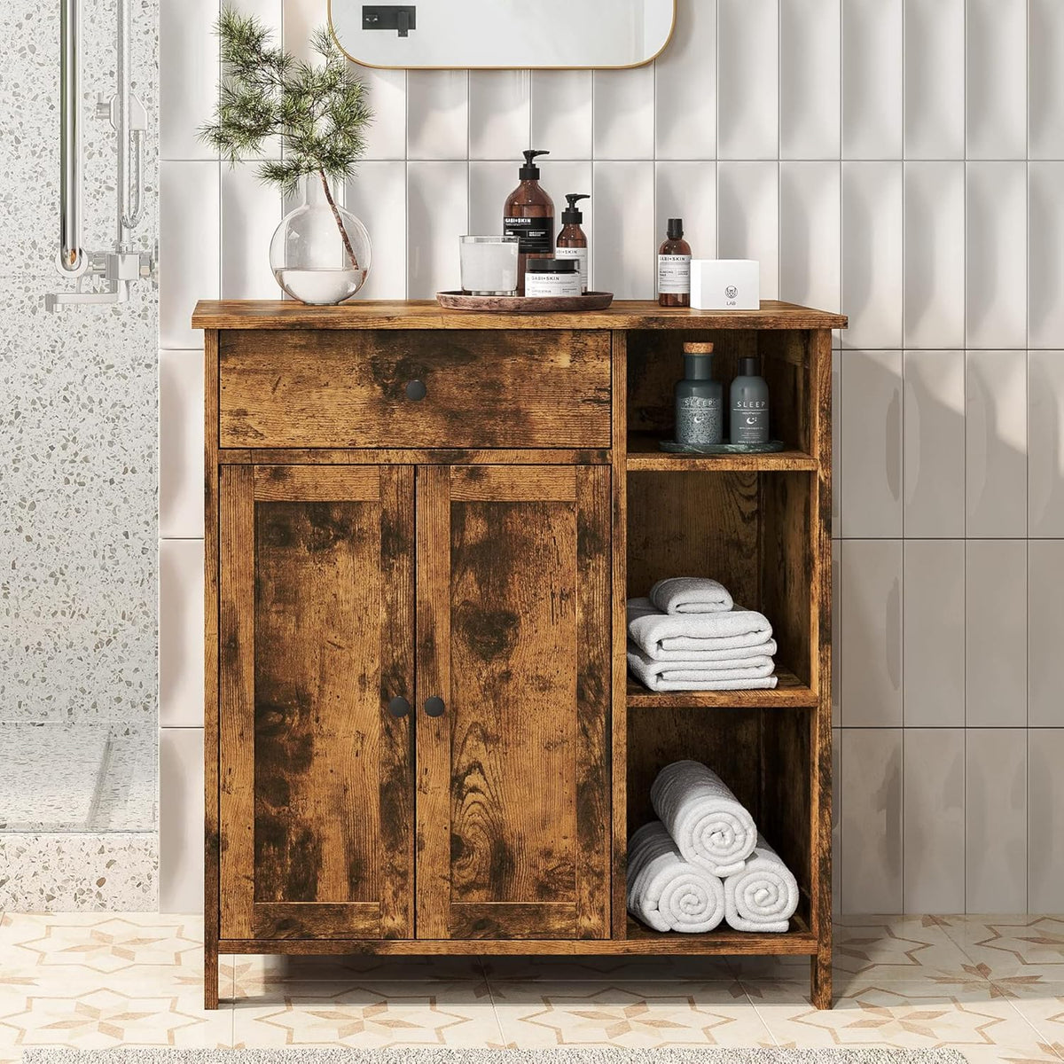 Rustic Brown Free-Standing Bathroom Cabinet with Drawer and Adjustable Shelf J90029