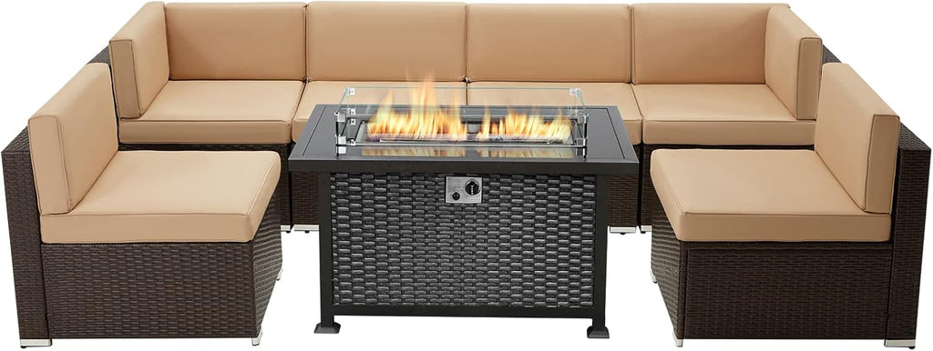 7 Pieces Outdoor Patio Furniture Set with Fire Pit Table D866915