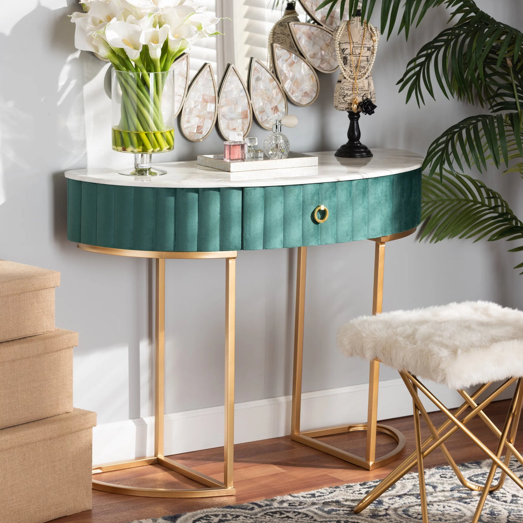 Green Velvet 1-Drawer Console Table with Faux Marble Tabletop D586374