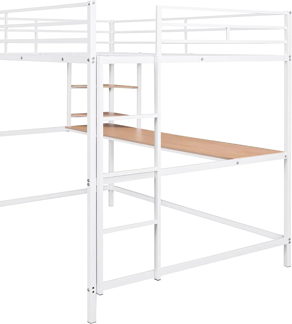 Full Size White Metal Loft Bed with Long Desk and Shelves X399353