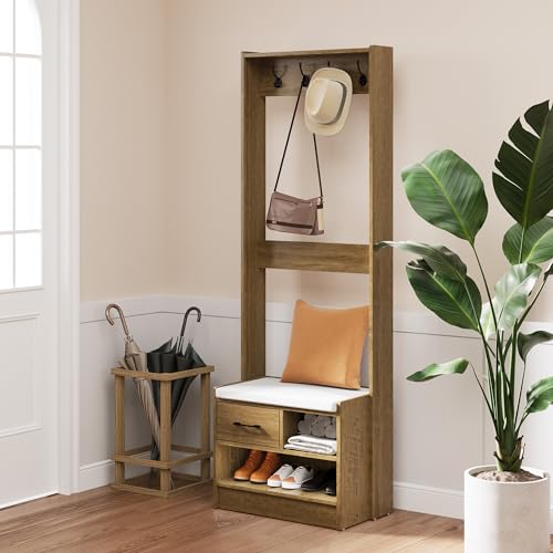 White Wood Hall Tree with Bench and Coat Rack W870