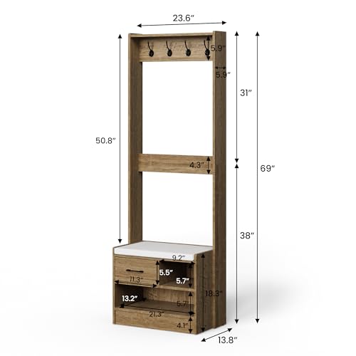 White Wood Hall Tree with Bench and Coat Rack W870
