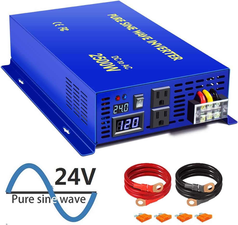Pure Sine Wave Inverter 24V to 110v 120v 2500 Watt with Dual AC Receptacles W7362