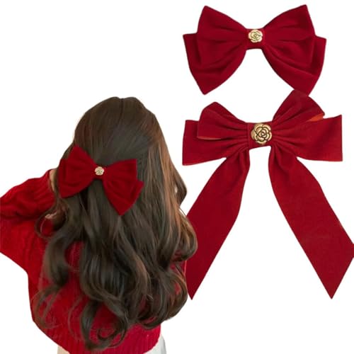 Velvet Hair Bow Clip with Metal Rose Accent, Pack of 2, Red Y2065