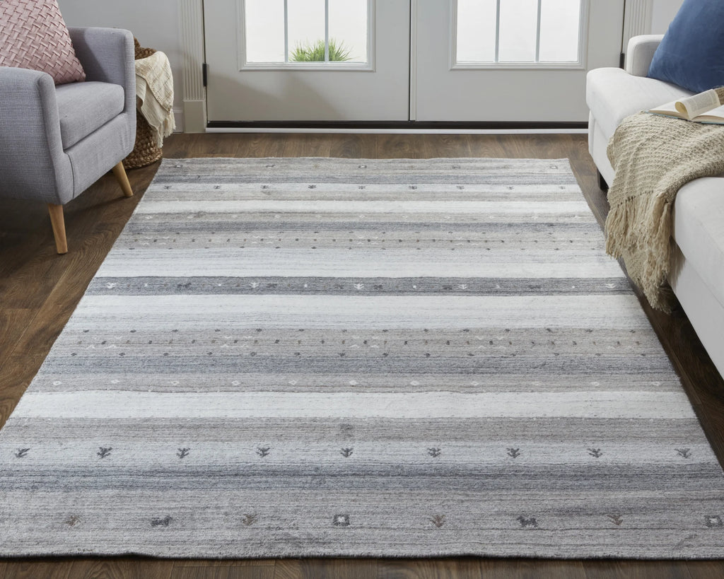 Handmade Stripes Gray Silver Black Area Rug U90090