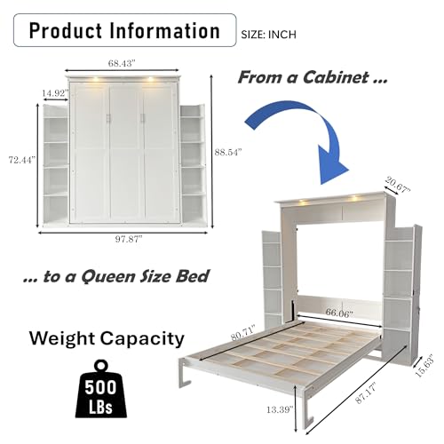 Queen White Wooden Murphy Bed with Built-in Closets, Drawers, and Shelving E1107