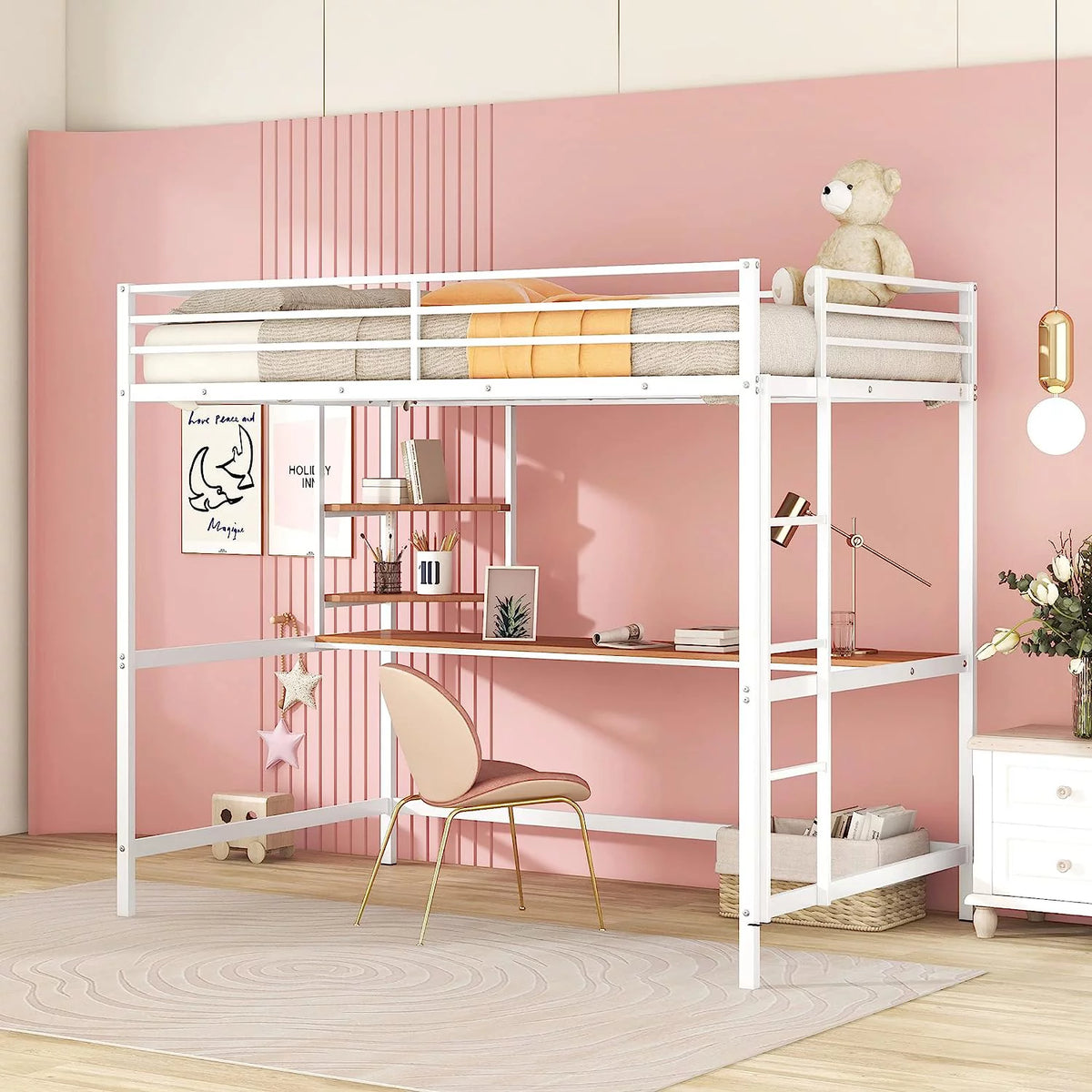 Full Size White Metal Loft Bed with Long Desk and Shelves X399353