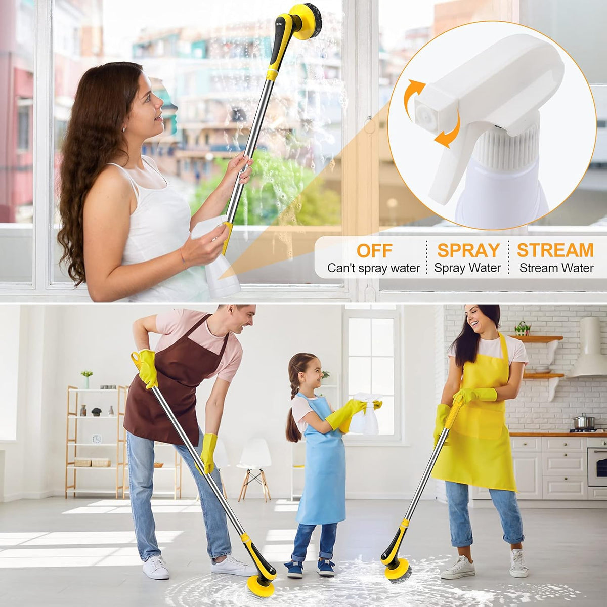 Electric Spin Scrubber Cordless Floor Scrubber with Adjustable Handle and 6 Replaceable Cleaning Brush Pack of 2 T81426