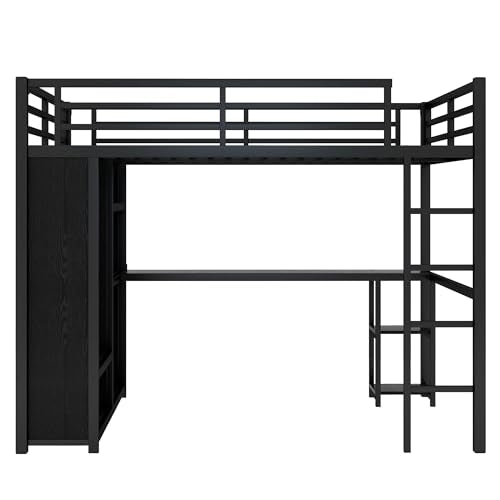 Queen Size Metal Loft Bed with Wardrobe and L-Shaped Desk Y846