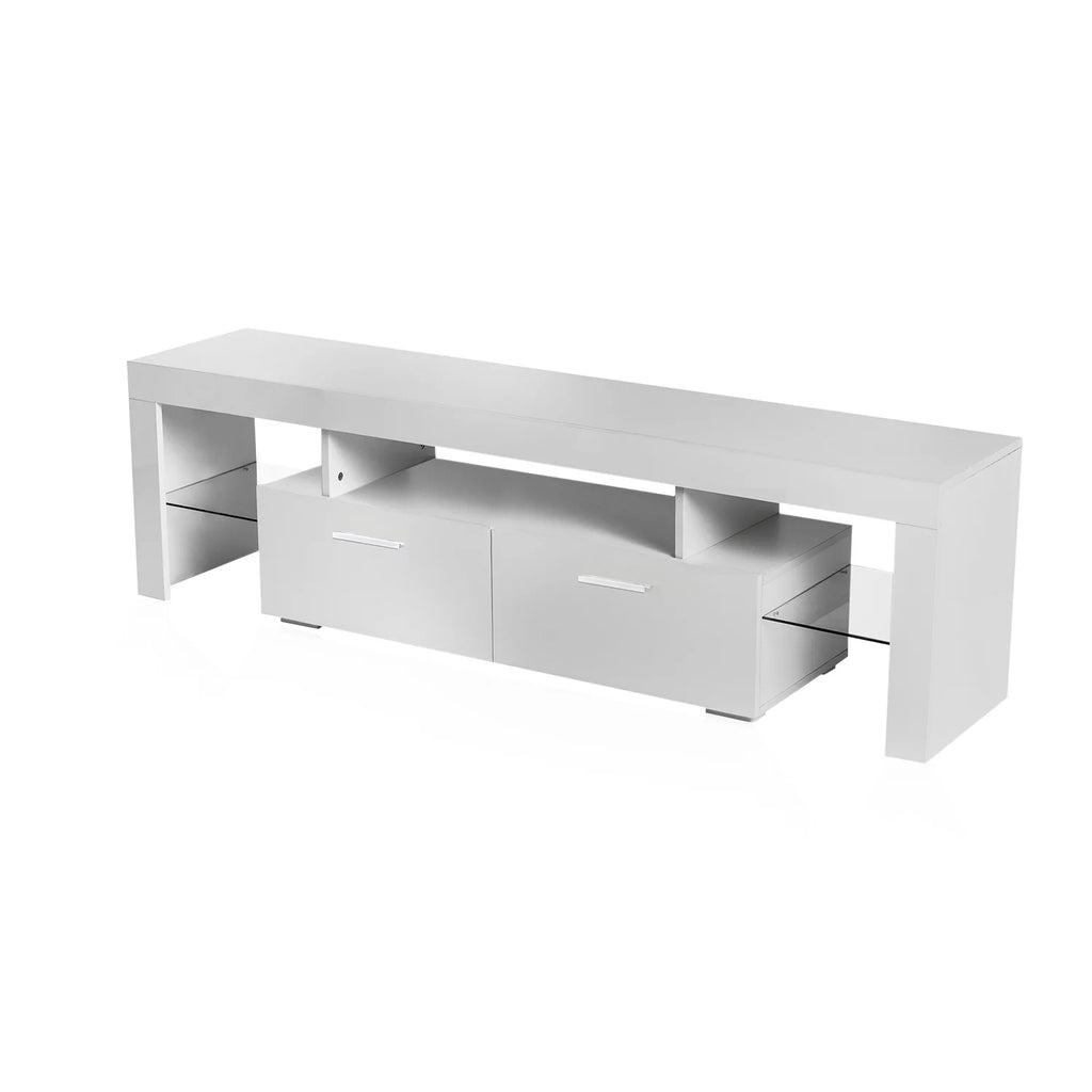 White Solid Wood TV Stand with LED Lights and Storage Drawer R5612