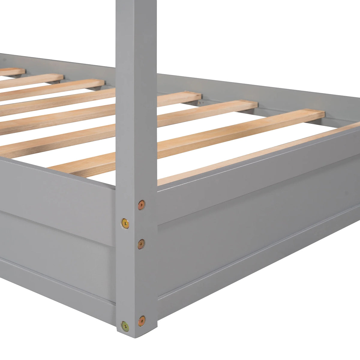 Wood L-Shape Twin Bed Frame with Roof and Fence Railings X2473