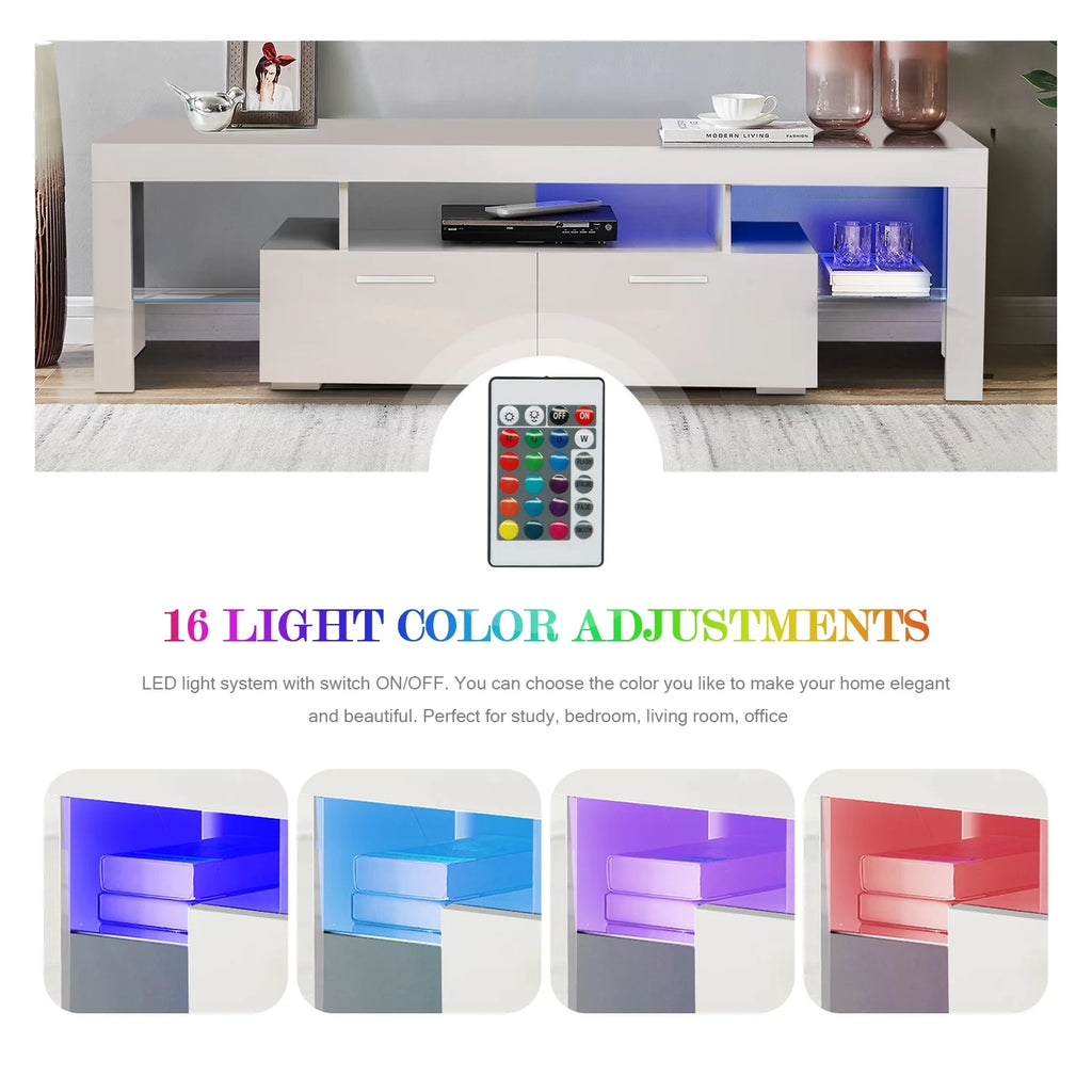 White Solid Wood TV Stand with LED Lights and Storage Drawer R5612