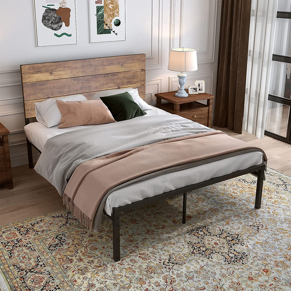 Queen Size Metal Wood Bed Frame with White Headboard I798534