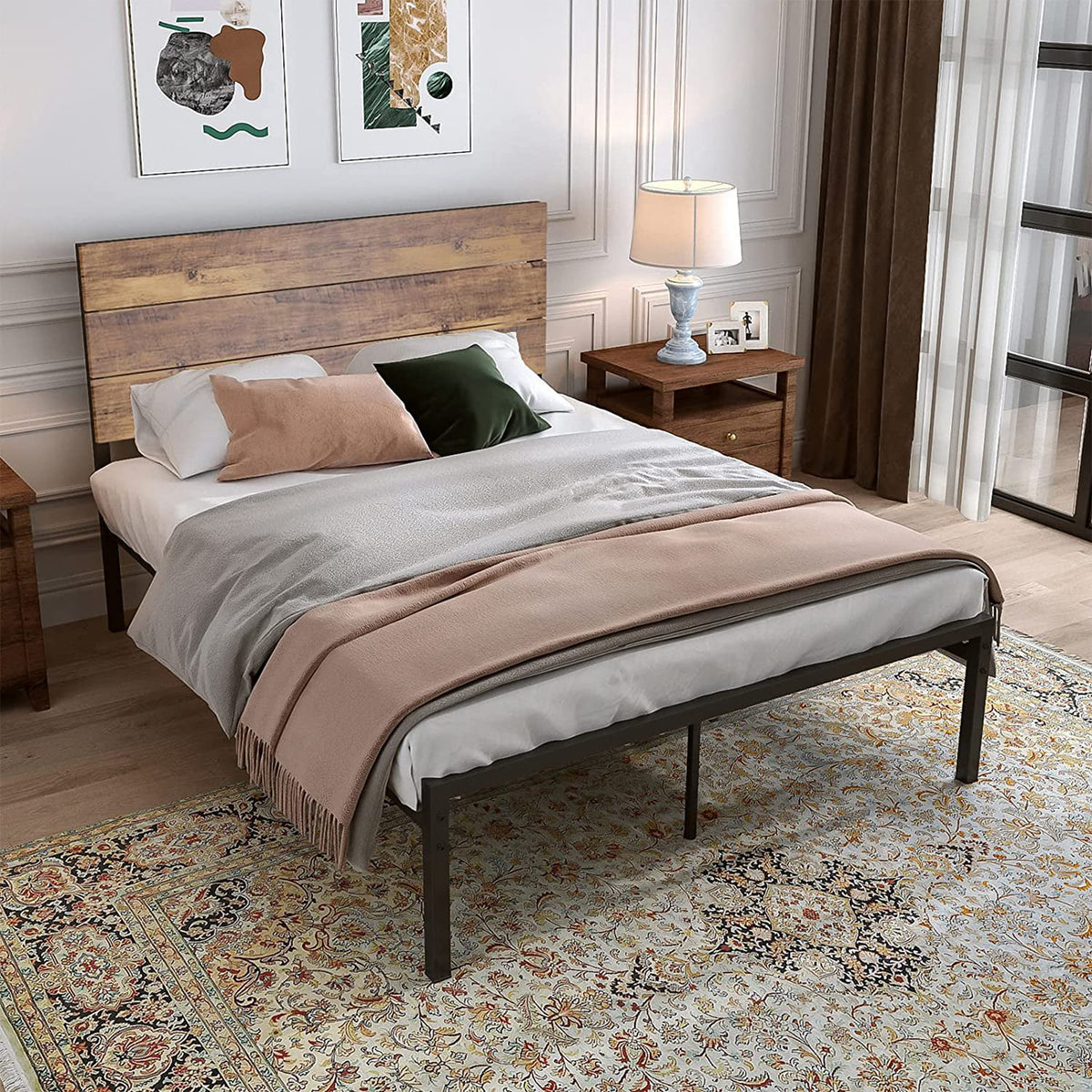 Queen Size Metal Wood Bed Frame with White Headboard I798534