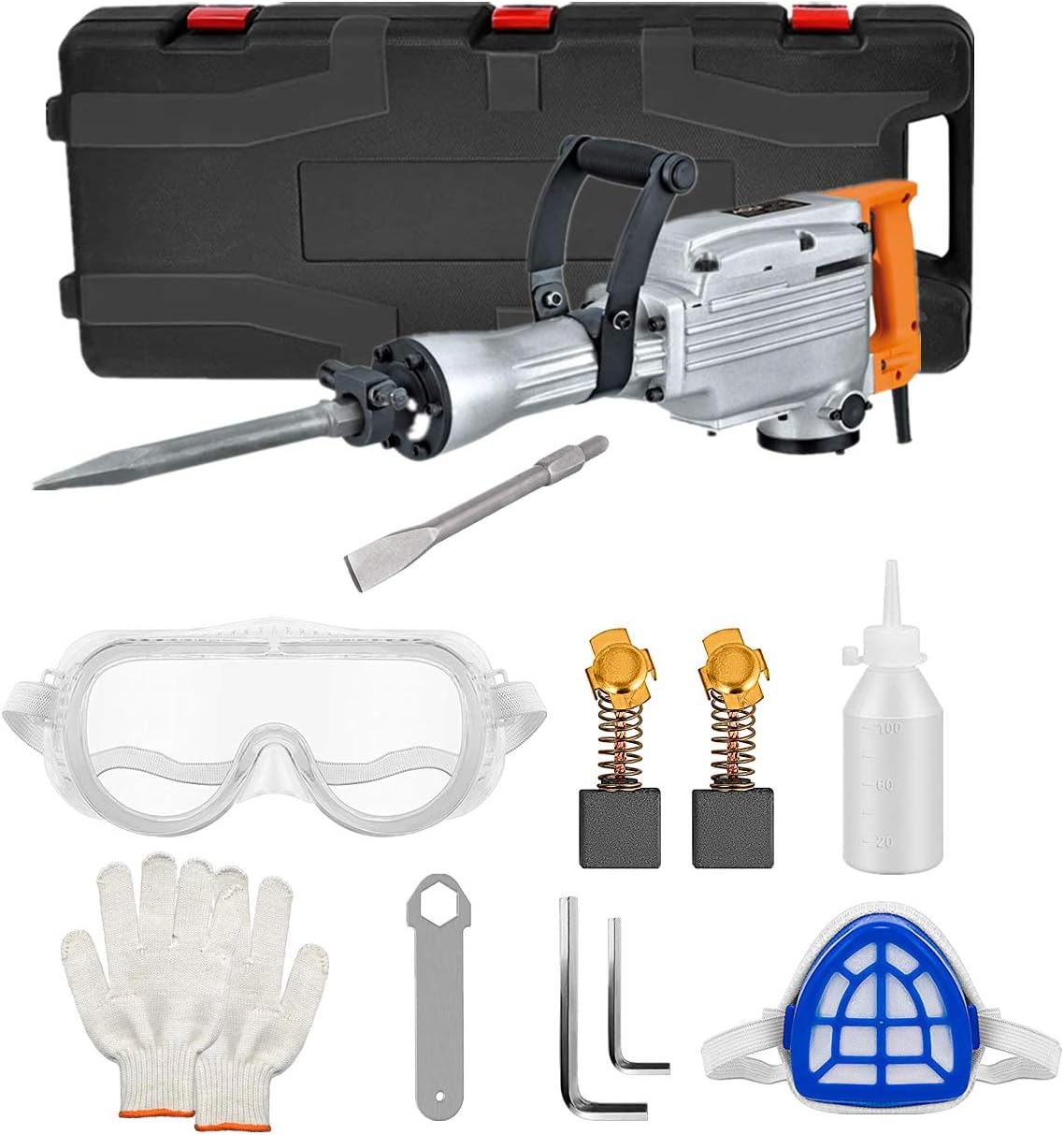 2200 Watt Electric Demolition Jack Hammer Concrete Breaker with Point and Flat Chisels H659
