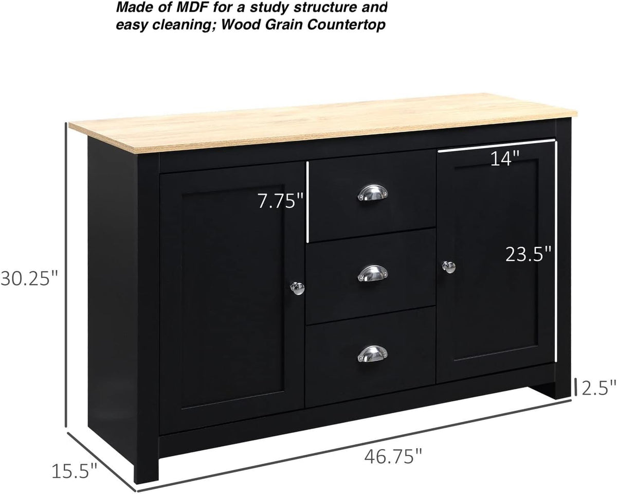 Black Kitchen Sideboard Buffet Storage Cabinet with 2 Side Cabinets 3 Drawers C970