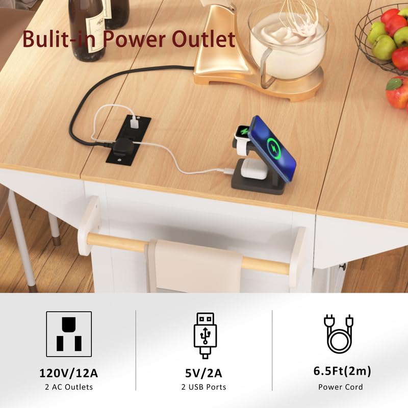 55.7'' Rolling Kitchen Island with Drop Leaf and Power Outlet Q477