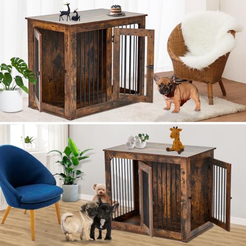 Wooden Double Dog Crate Kennel with Divider S3991