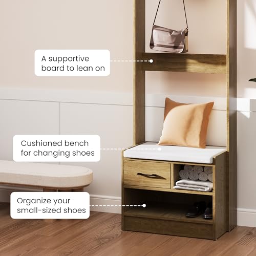 White Wood Hall Tree with Bench and Coat Rack W870