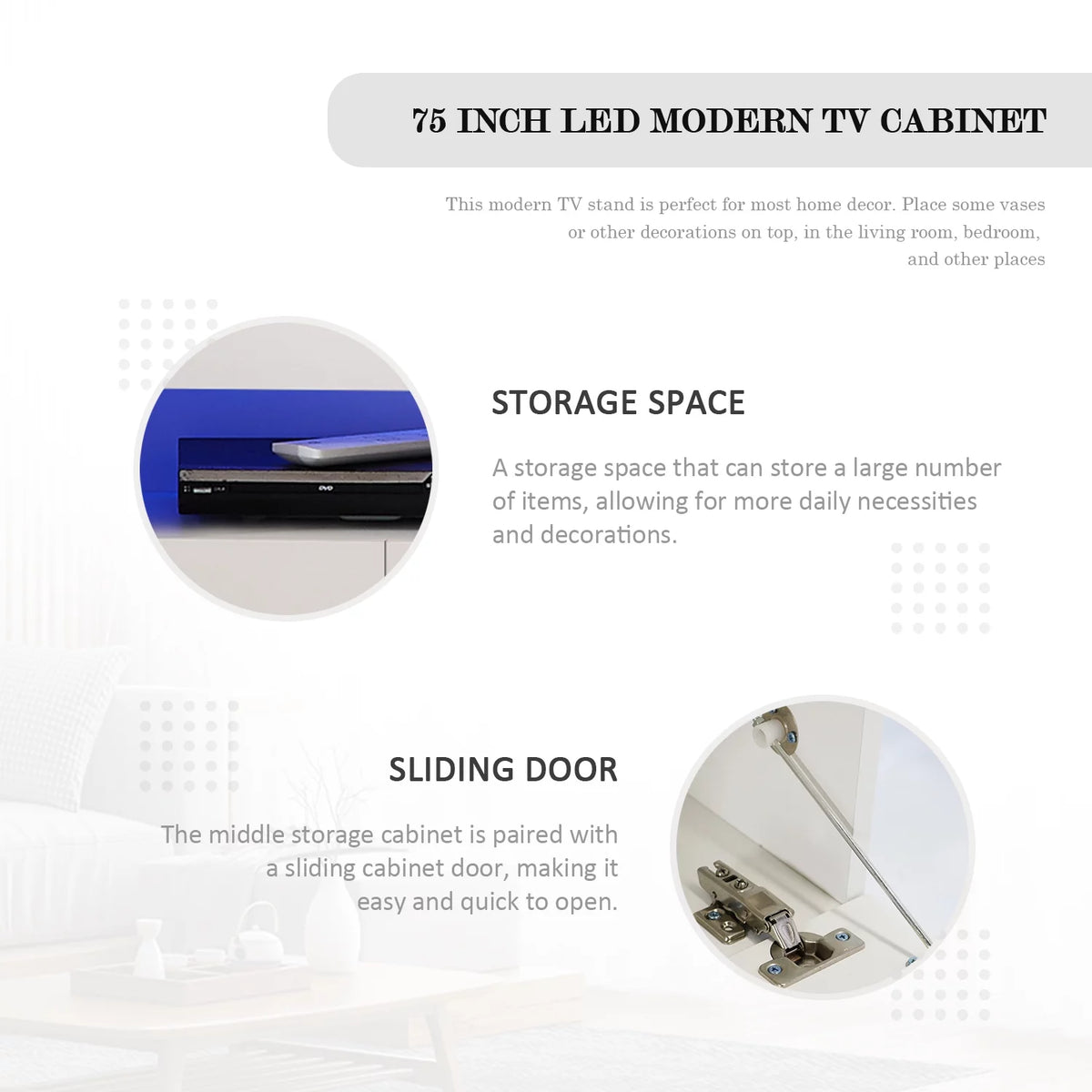 White Solid Wood TV Stand with LED Lights and Storage Drawer R5612