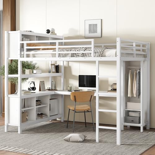 Queen Size Metal Loft Bed with Wardrobe and L-Shaped Desk Y846