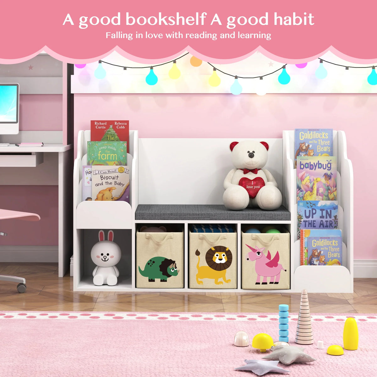 Kids Bookshelf with Reading Nook and Toy Storage L5572