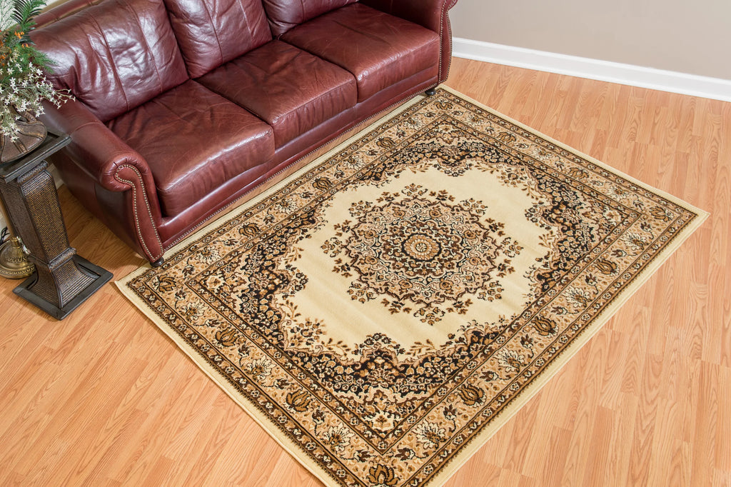 Traditional Oriental Area Rug with Center Medallion 7' 10" x 10' 6" Ivory T504