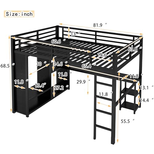 Queen Size Metal Loft Bed with Wardrobe and L-Shaped Desk Y846