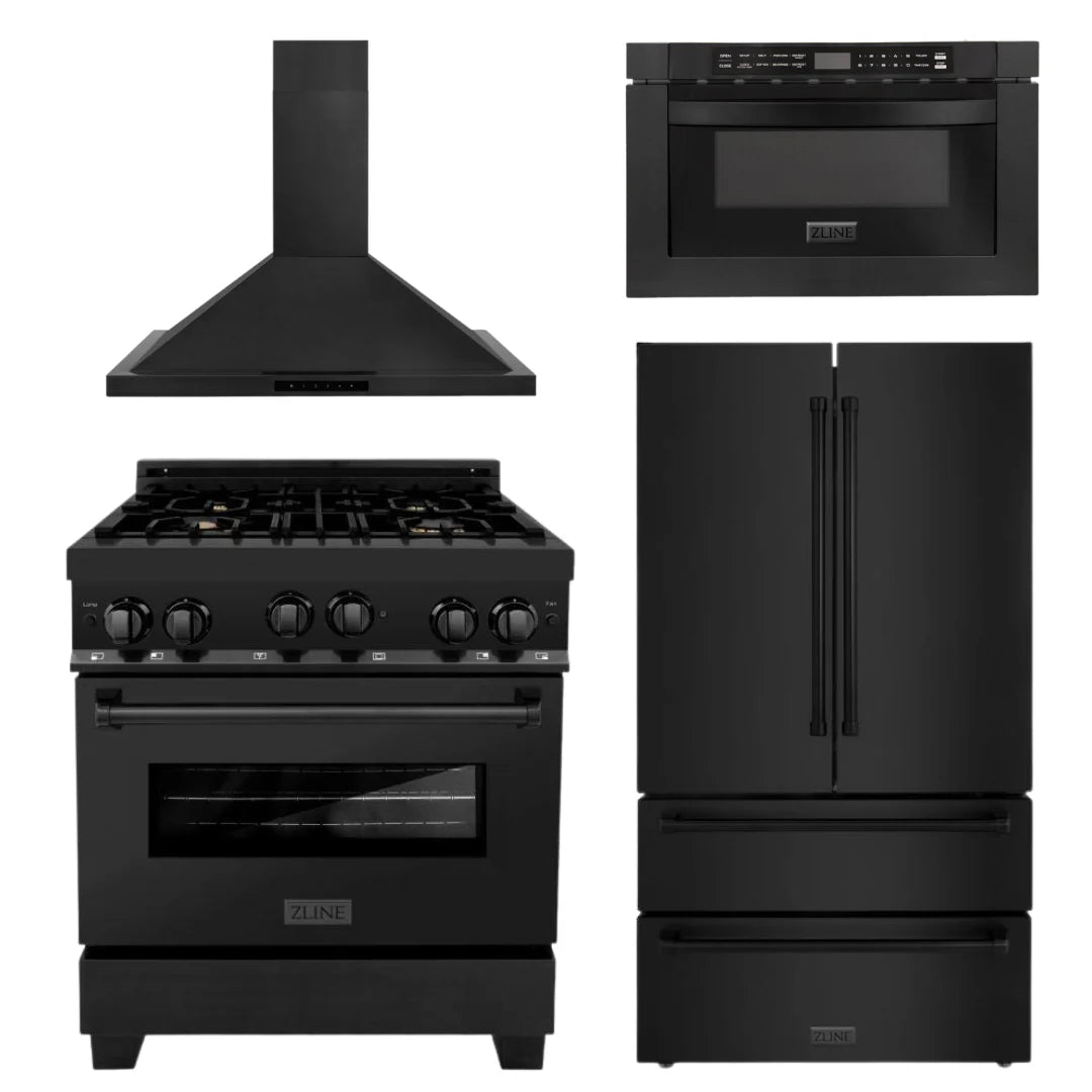 30 in. Dual Fuel Range, Range Hood, Microwave Drawer, Refrigerator in Black Stainless X8356