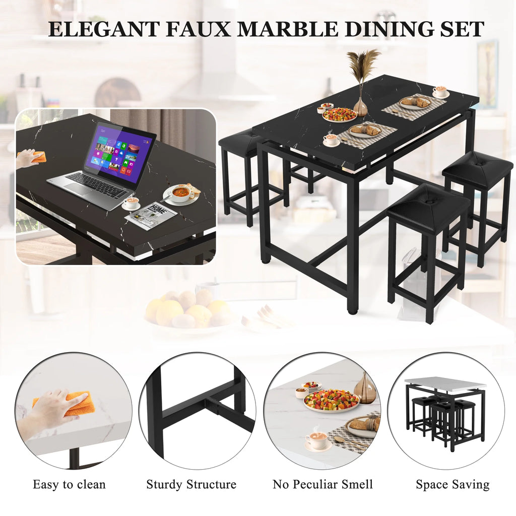5 Piece Counter Height Dining Table Set with 4 Faux Leather Stools E348