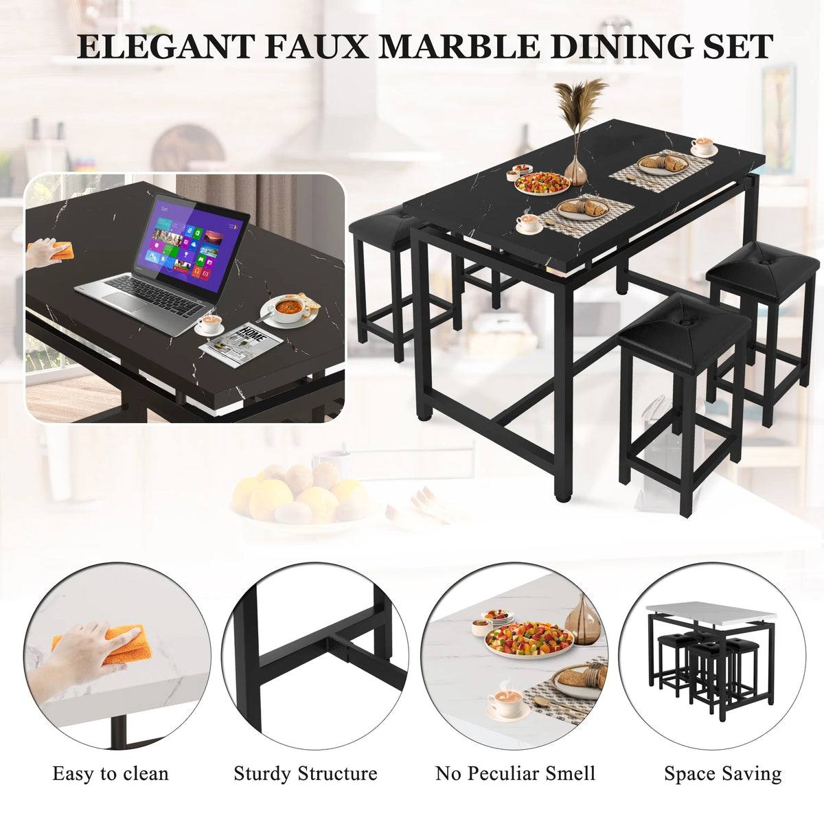 5 Piece Counter Height Dining Table Set with 4 Faux Leather Stools E348