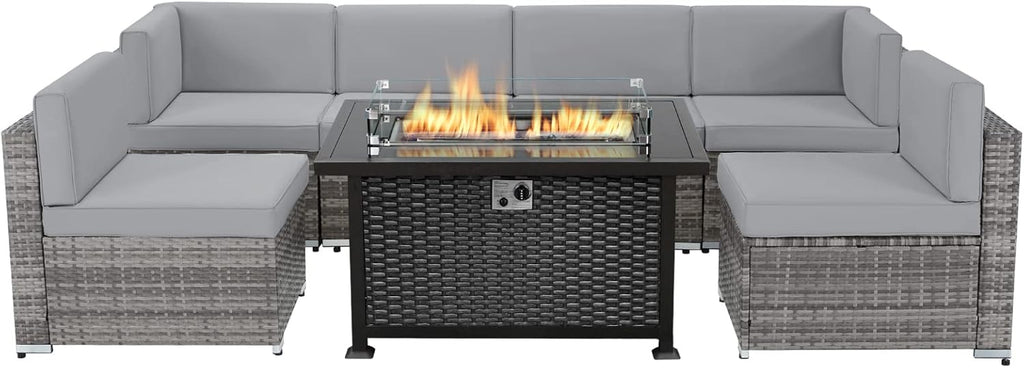7 Pieces Outdoor Patio Furniture Set with Fire Pit Table D866915