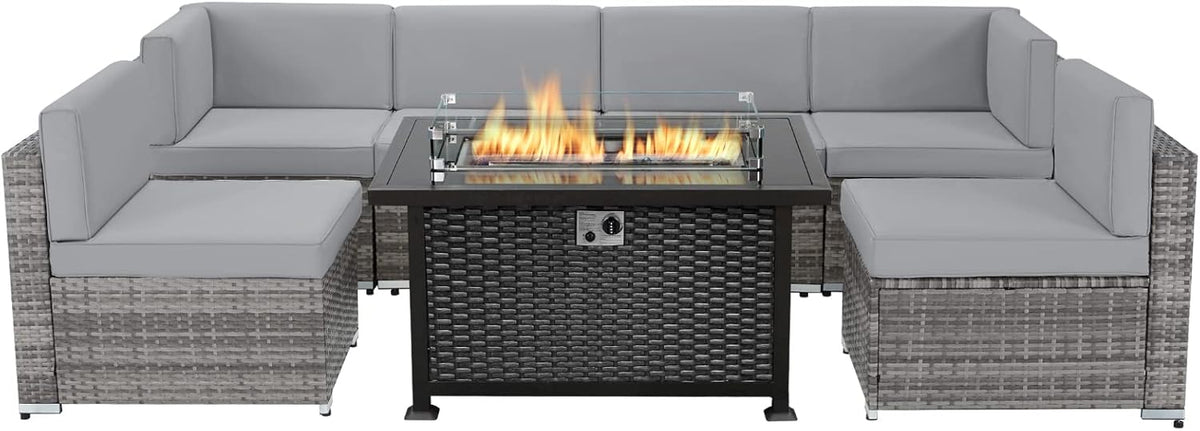 7 Pieces Outdoor Patio Furniture Set with Fire Pit Table D866915