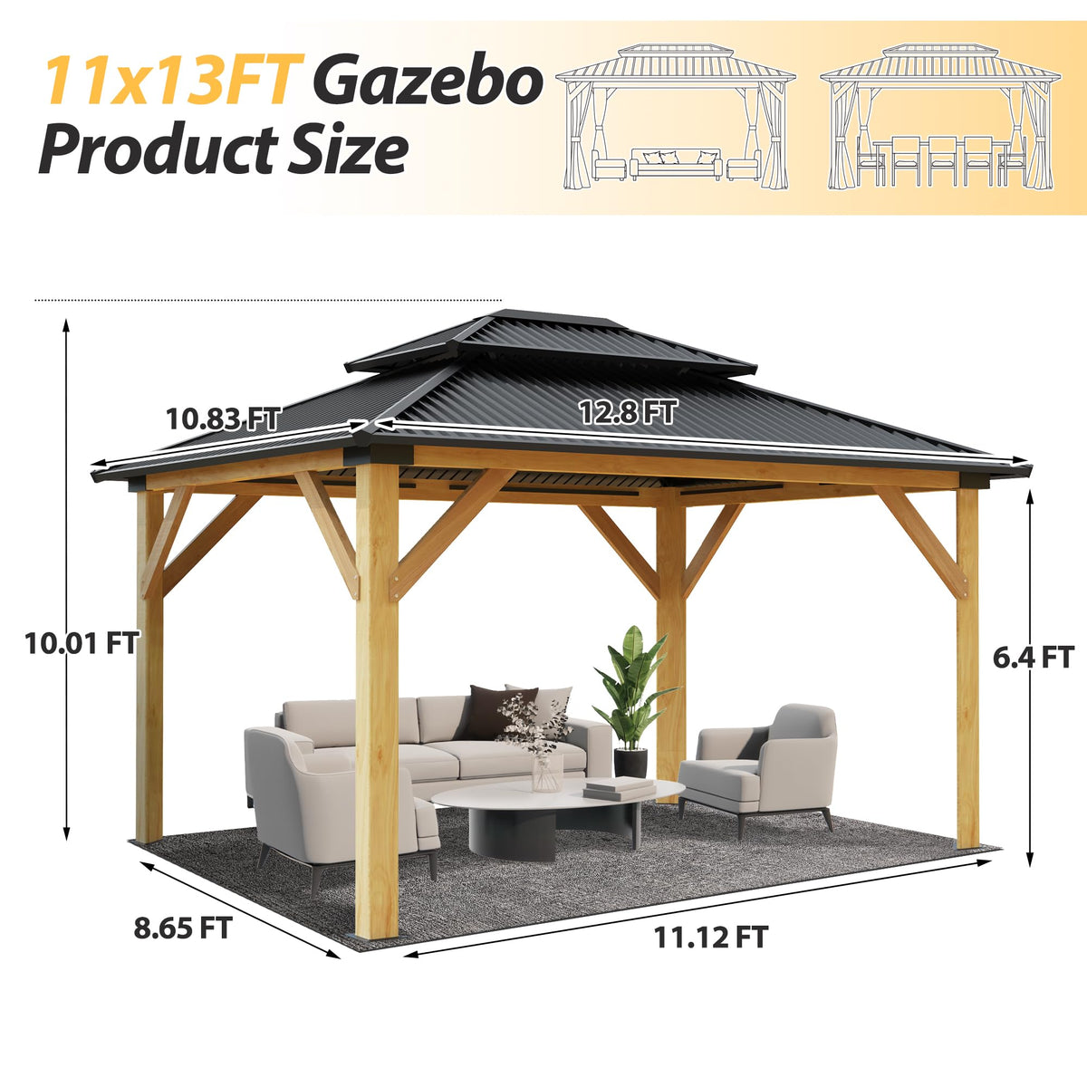 11' x 13' Hardtop Galvanized Steel Wood Gazebo Y27573