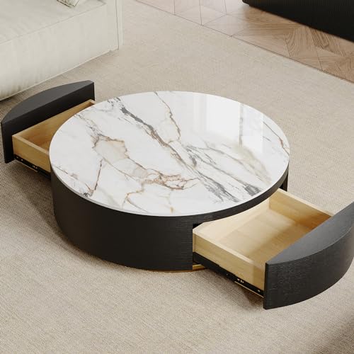 Oak Veneer Round Coffee Table with Storage and Drawers C289
