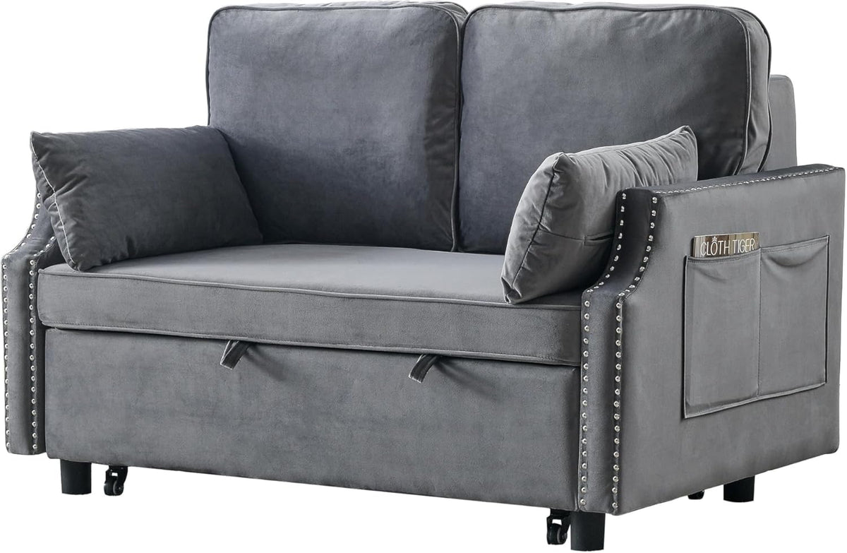 Grey Velvet Upholstered Recliner Bed with Pull-Out Sleeper Sofa Folding Loveseat Z602775