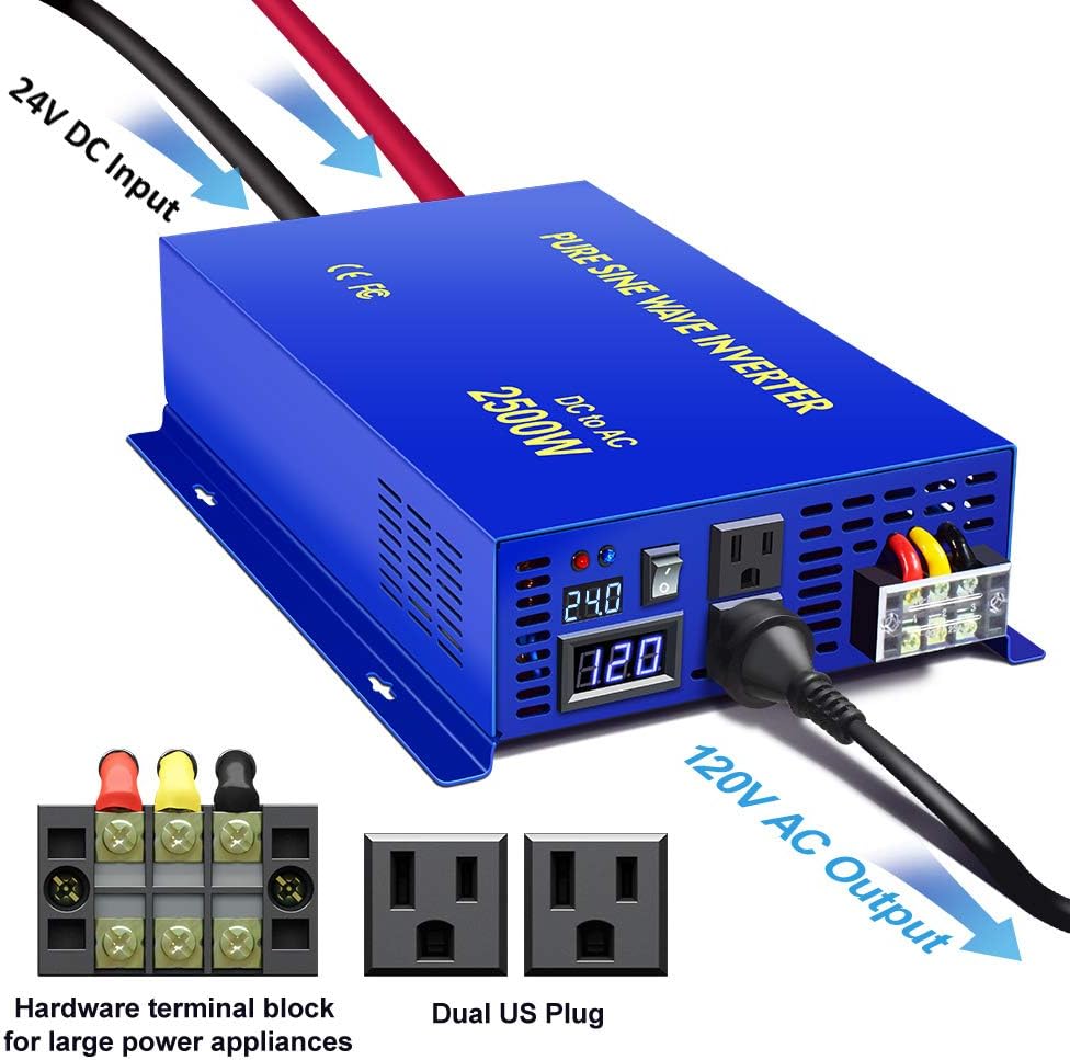 Pure Sine Wave Inverter 24V to 110v 120v 2500 Watt with Dual AC Receptacles W7362
