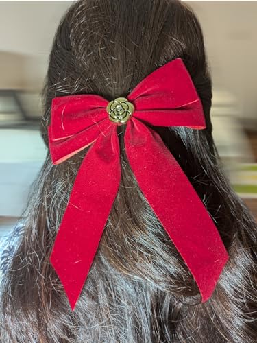 Velvet Hair Bow Clip with Metal Rose Accent, Pack of 2, Red Y2065