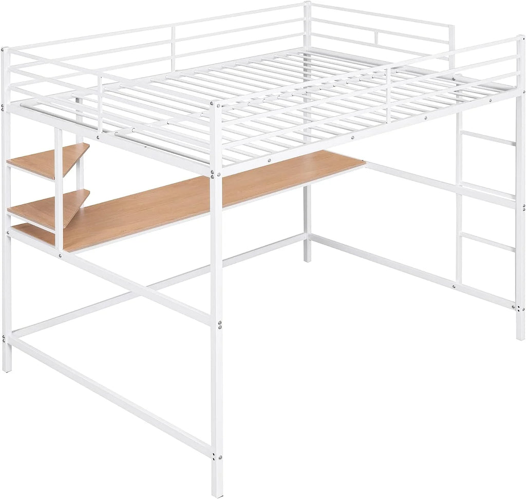 Full Size White Metal Loft Bed with Long Desk and Shelves X399353