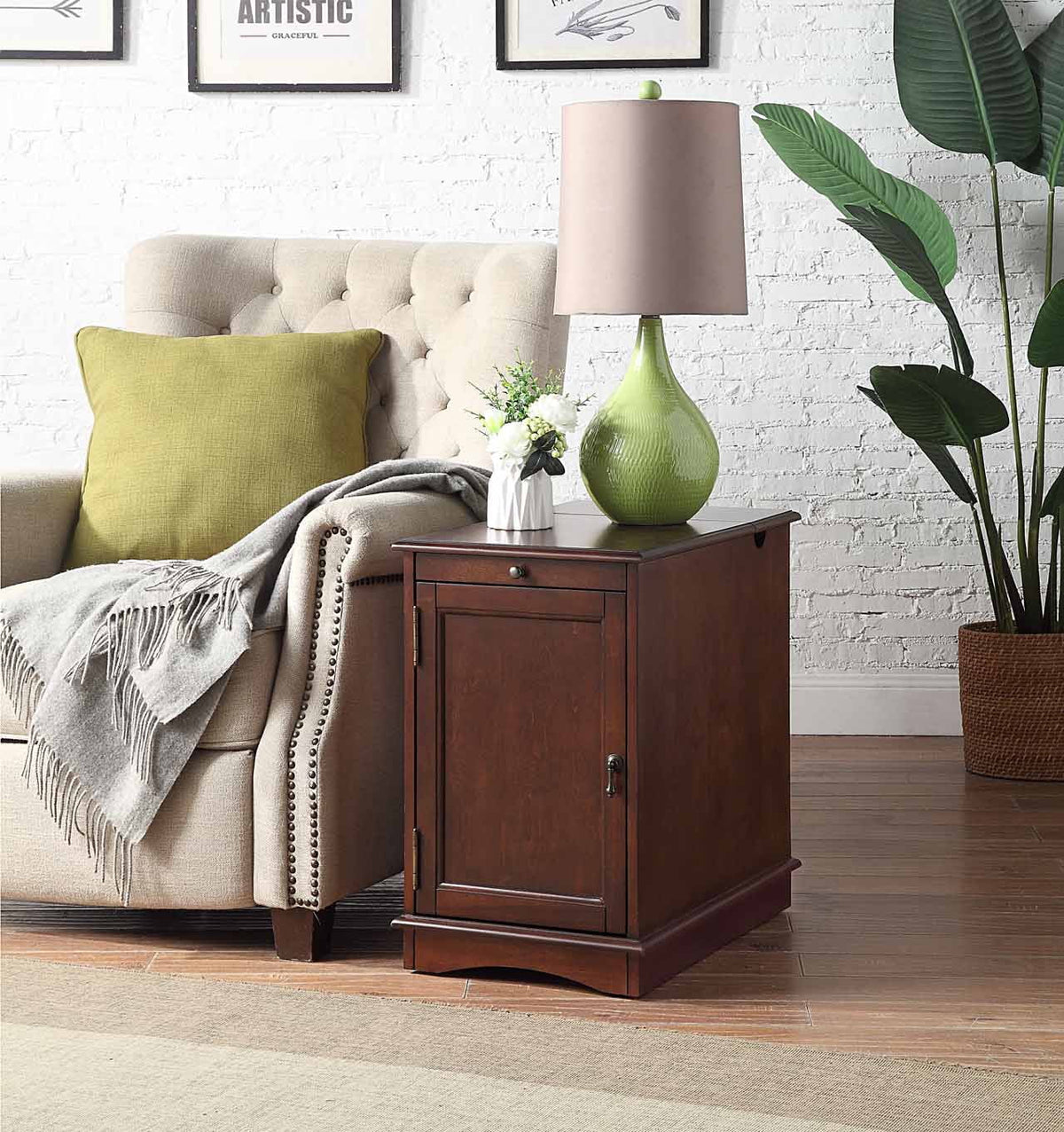 1pc Birch Veneer Side Table with USB Outlet C42101