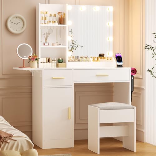 White Vanity Desk with Mirror and Lights, Stool, 5 Drawers and Open Shelves B459192
