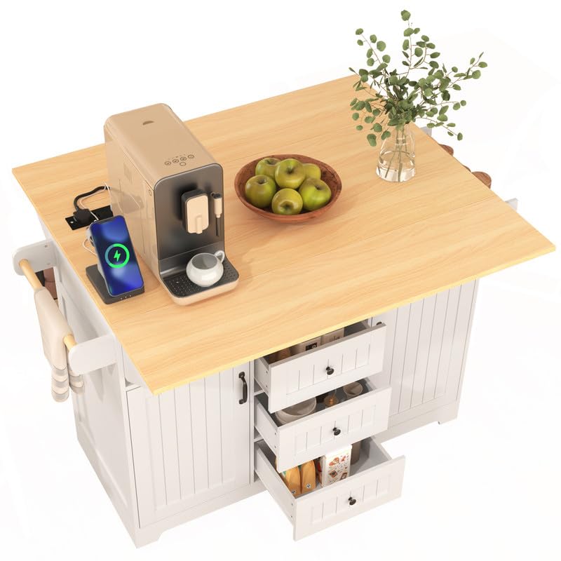 55.7'' Rolling Kitchen Island with Drop Leaf and Power Outlet Q477