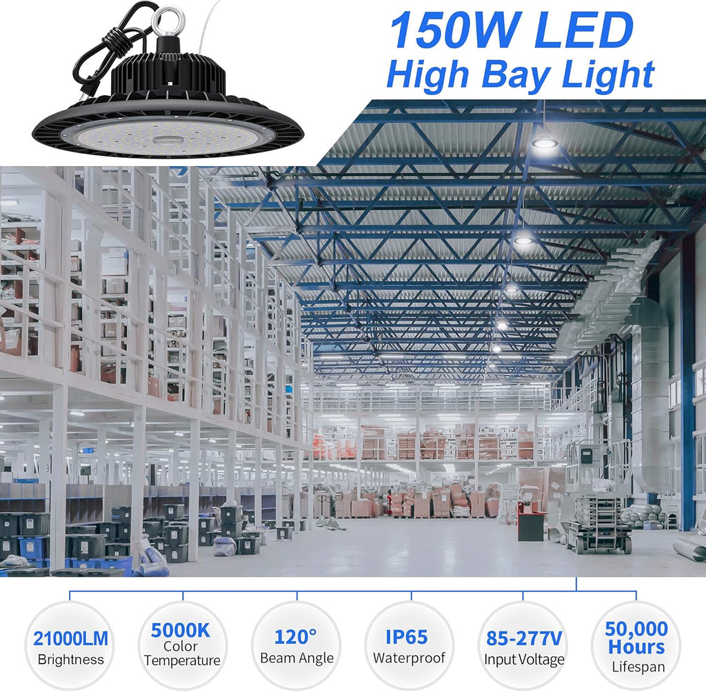LED High Bay Light 150W 21000 LM 5000K Daylight IP65 Waterproof Non-Dim UFO Commercial Warehouse Lighting Fixture R7385