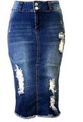 Plus Size Midi Ripped Denim Jean Skirt R8557