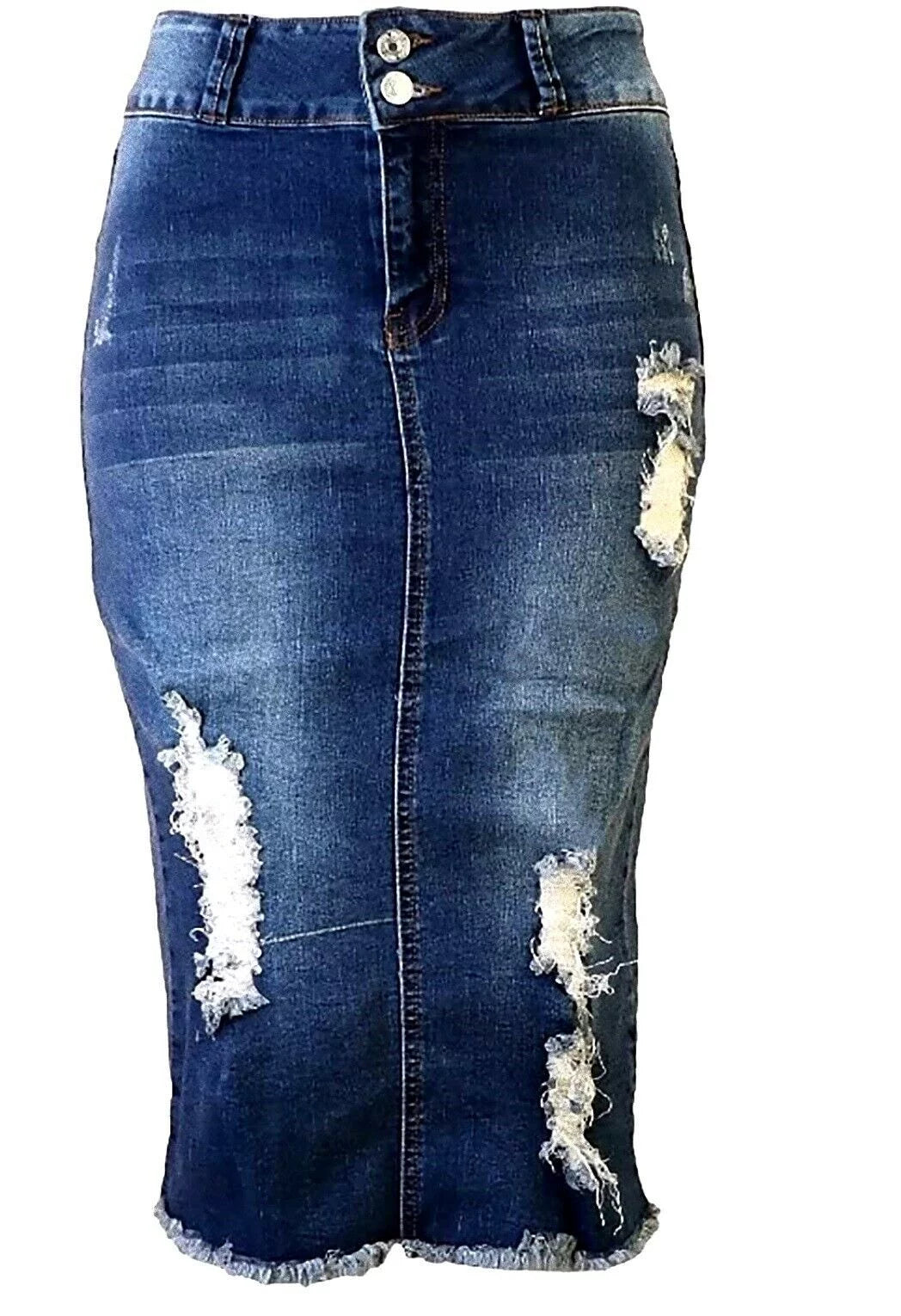 Plus Size Midi Ripped Denim Jean Skirt R8557