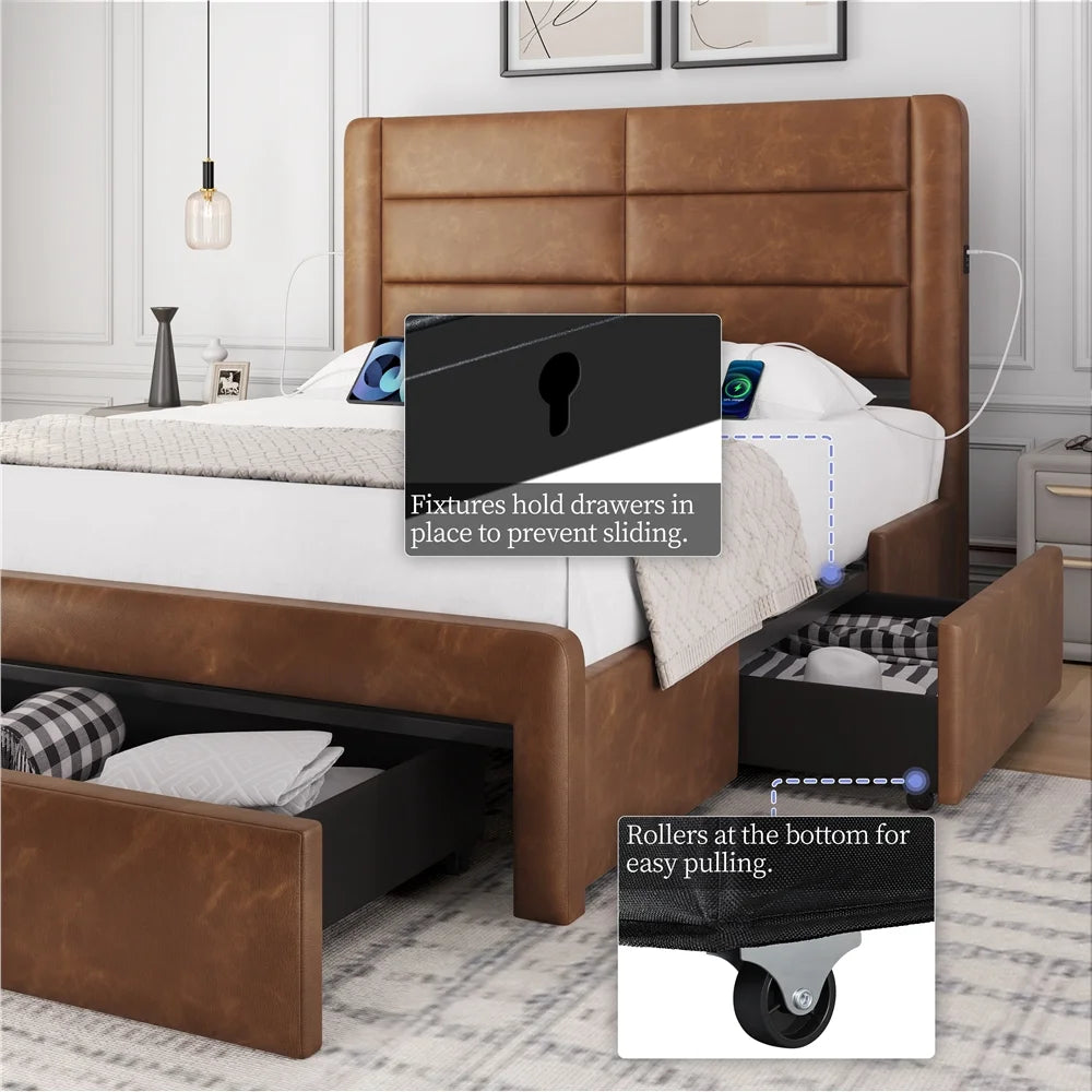 Queen Upholstered Leather Bed Frame with 3 Storage Drawers and USB Ports, Black N393
